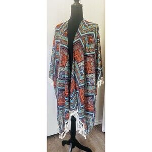 Orange Creek Tasseled Fringed Trim Open Front Flowy Kimono Multicolor Large